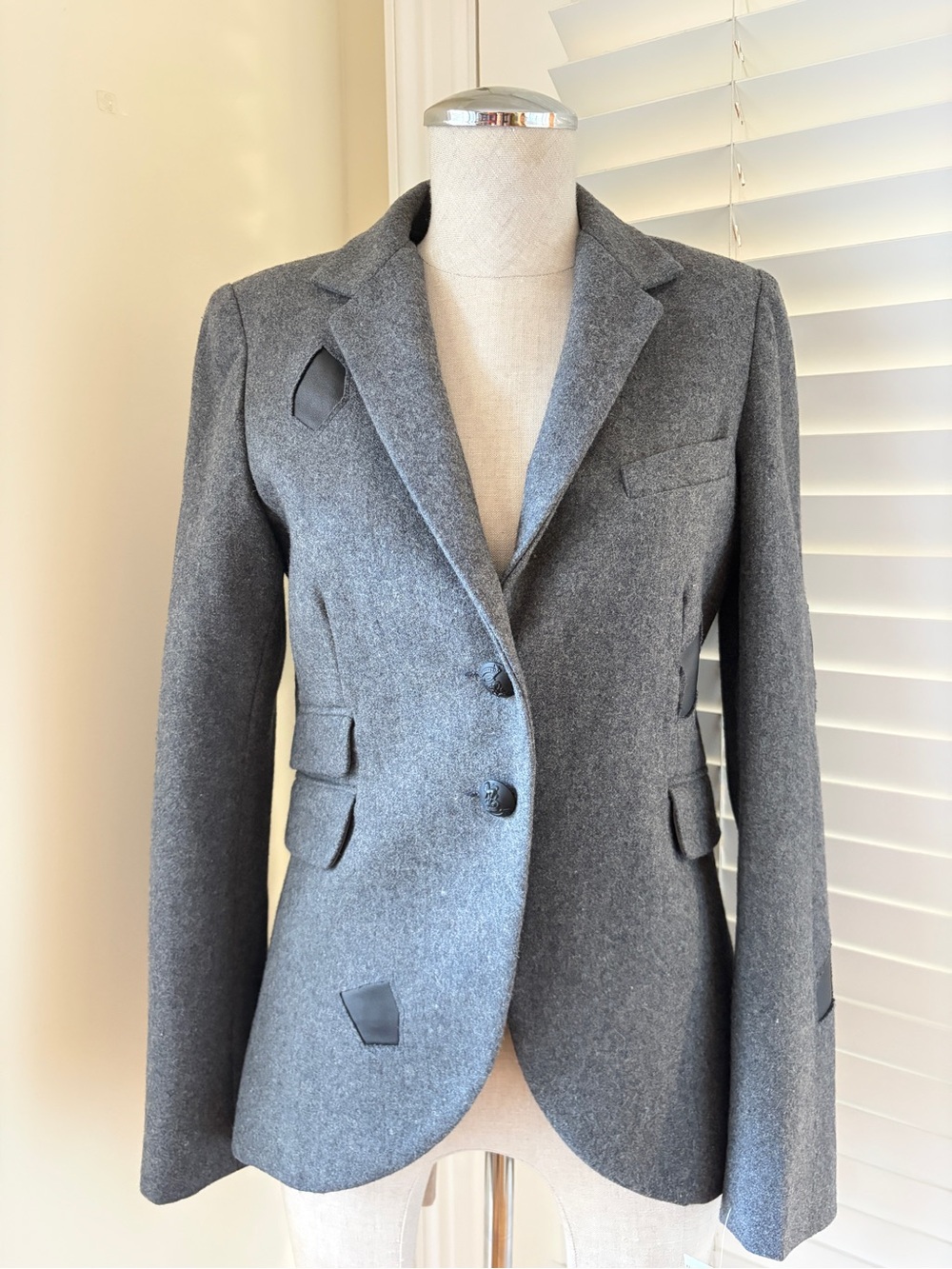 Literature Noir Gray Wool Deconstructed Blazer Leather Patch Size S